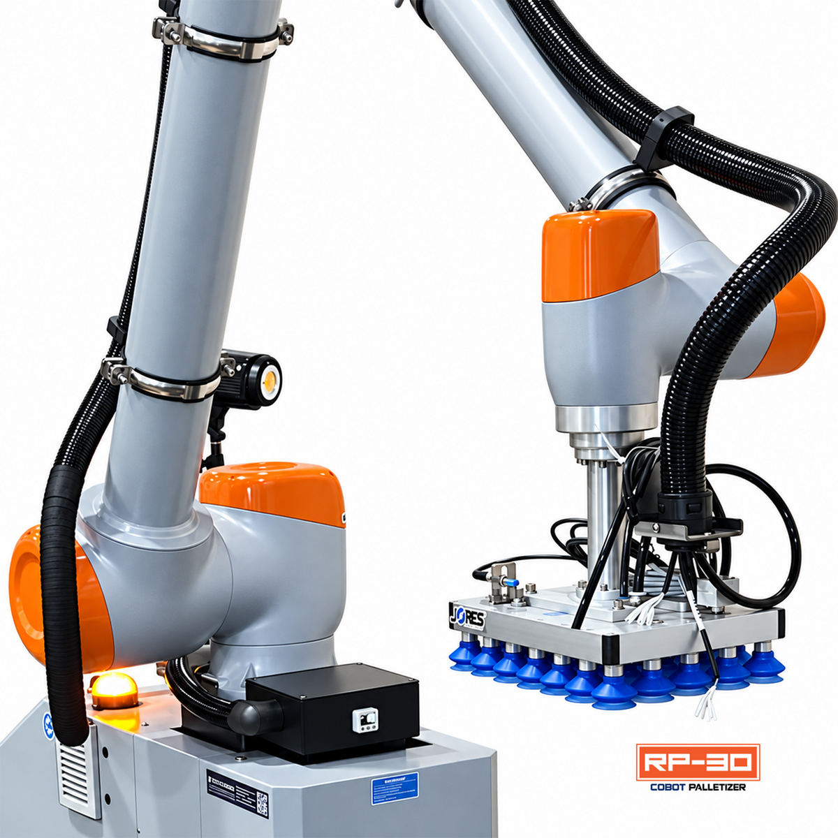 Jores Technologies RP-30 industrial cobot arm structure, highlighting automated multi-axis rotational joint mechanics and pneumatic vacuum box-gripping tooling.