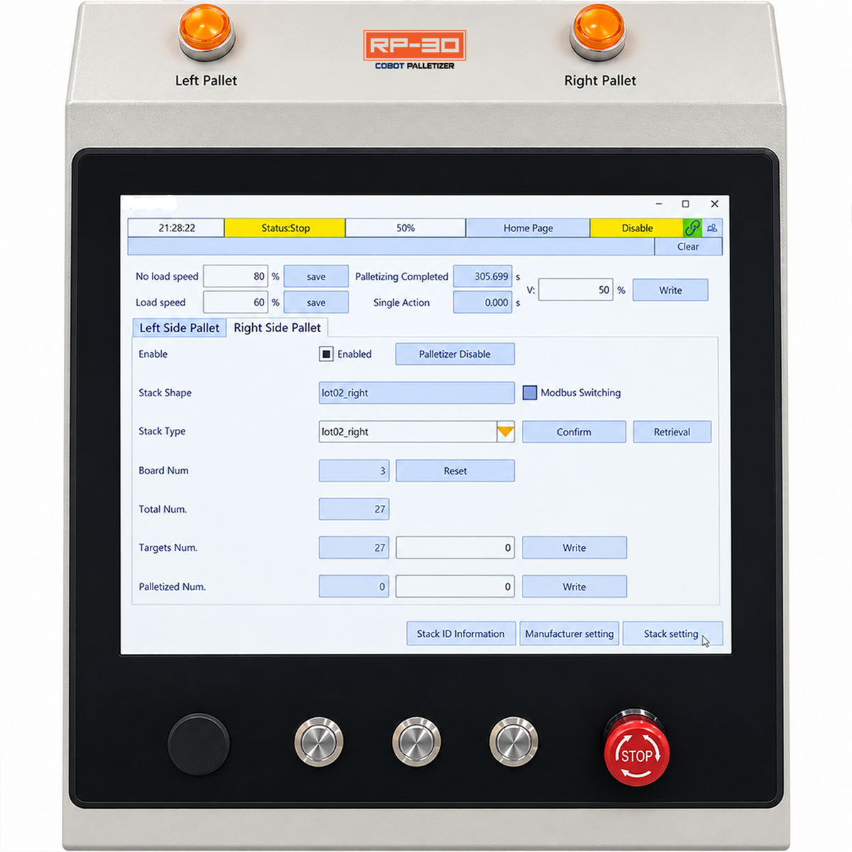 Jores Technologies RP-30 cobot palletizer safety features graphic, detailing collision detection sensors, safety fence barriers, and industrial emergency stop protocols.