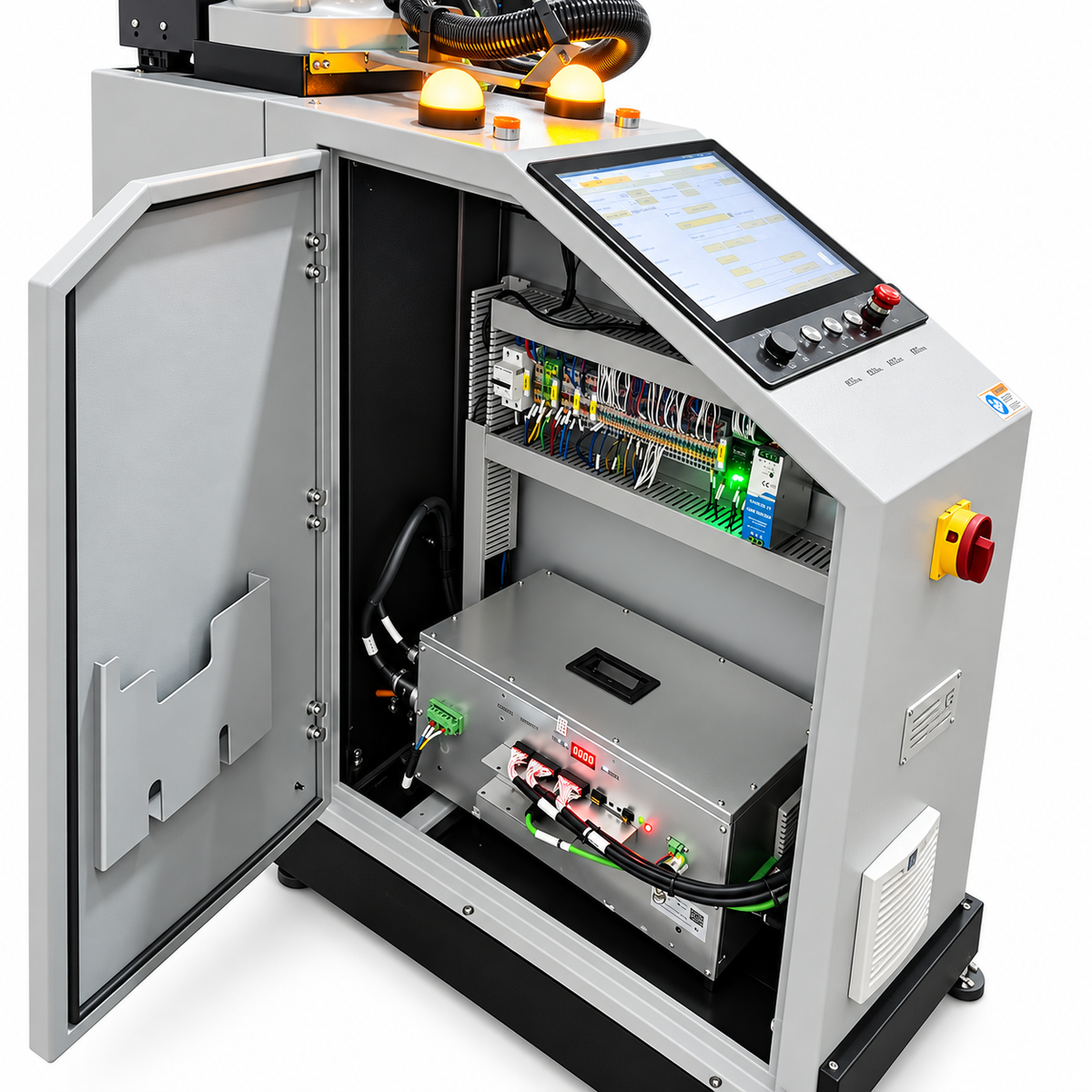 Jores Technologies RP-30 cobot palletizer internal electrical circuit cabinet, detailing heavy-duty automated control wiring, system relays, and built-in power supply units.