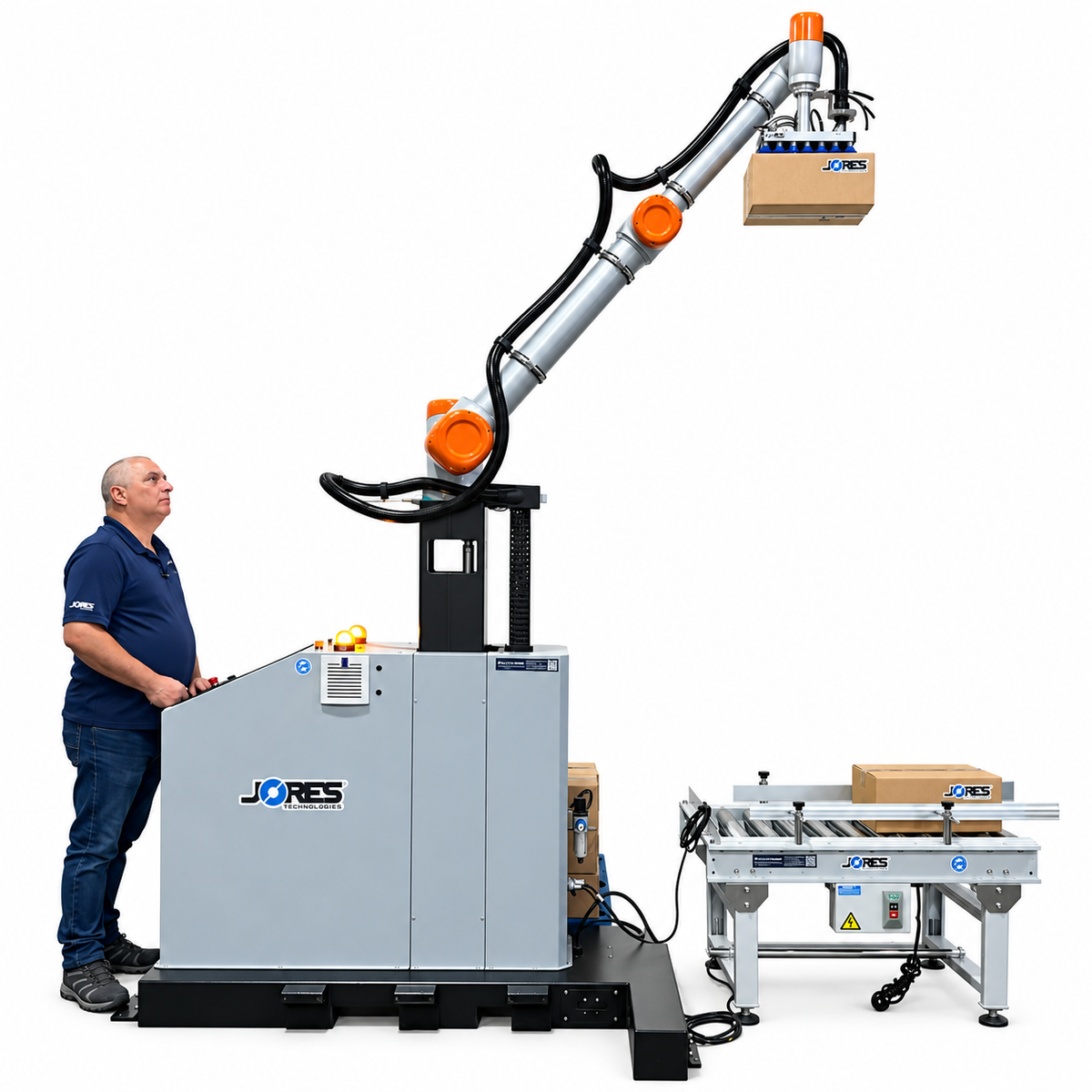 • Jores Technologies RP-30 automated collaborative robot palletizer machine in operation, demonstrating high-reach box-stacking and smart warehouse packaging workflow with a technician.

