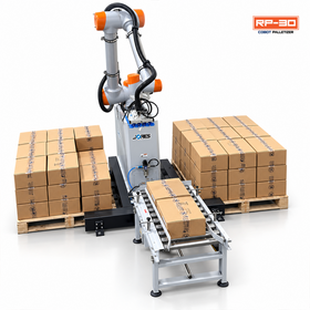 Jores Technologies RP-30 cobot robot palletizer machine, demonstrating automated warehouse logistics and box-stacking packaging systems.