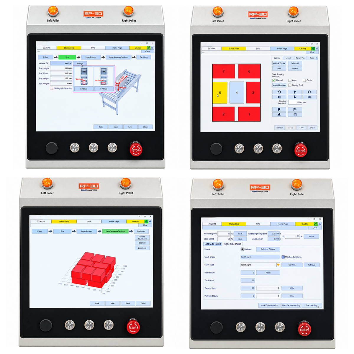 Jores Technologies RP-30 cobot palletizer HMI software screen variations, showcasing 3D pallet stacking simulations, 2D layout patterns, and data configuration menu displays.