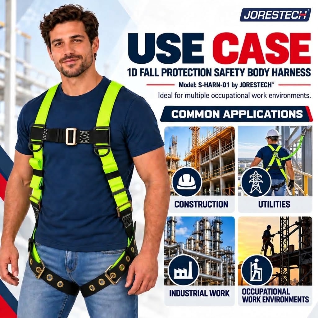 Jorestech S-HARN-02 1D fall protection safety body harness use case infographic showing common applications including construction, utilities, industrial work, and occupational environments, featuring a male model wearing the high-visibility lime-yellow harness with grommeted leg straps.