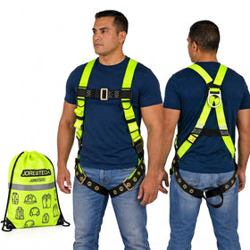 Jorestech S-HARN-02 high-visibility lime-yellow industrial safety harness with a pass-through chest buckle, grommeted tongue buckle leg straps, and a stamped steel dorsal D-ring, shown in front and back views on a male model next to a branded hi-vis drawstring storage bag.
