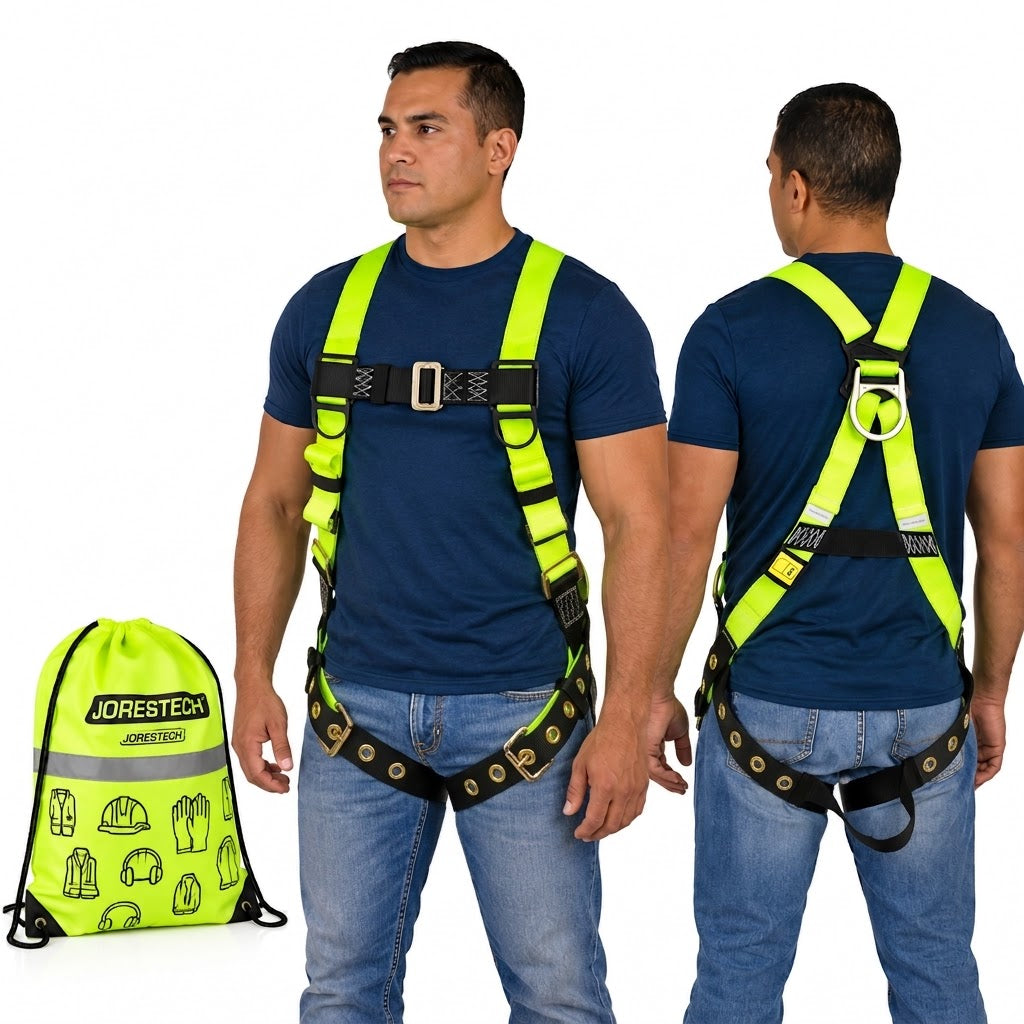 Jorestech S-HARN-02 high-visibility lime-yellow industrial safety harness with a pass-through chest buckle, grommeted tongue buckle leg straps, and a stamped steel dorsal D-ring, shown in front and back views on a male model next to a branded hi-vis drawstring storage bag.
