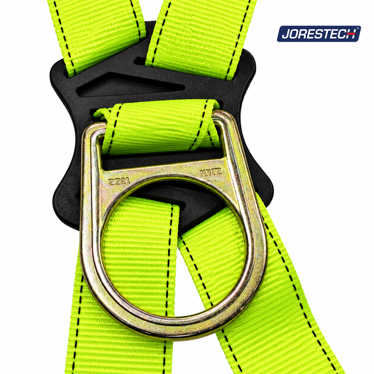  Close-up of Jorestech S-HARN-02 safety harness dorsal D-ring attachment point, showing a heavy-duty stamped steel D-ring secured with high-visibility lime-yellow webbing and an ergonomic black plastic X-plate guide.