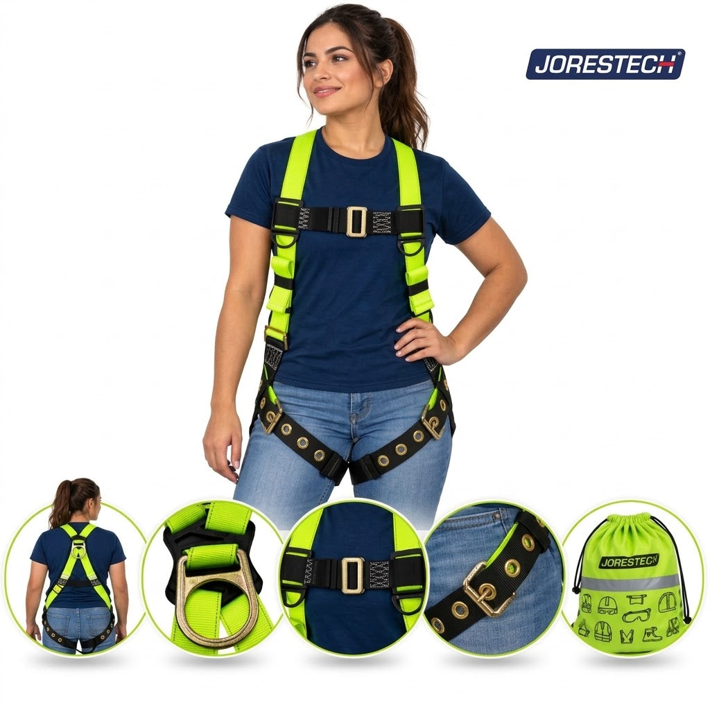Jorestech S-HARN-02 high-visibility lime-yellow full body safety harness kit shown on a female model, with circular inset close-up diagrams detailing the back X-strap layout, dorsal D-ring connection, pass-through chest buckle, grommeted leg strap buckle, and branded drawstring storage bag.