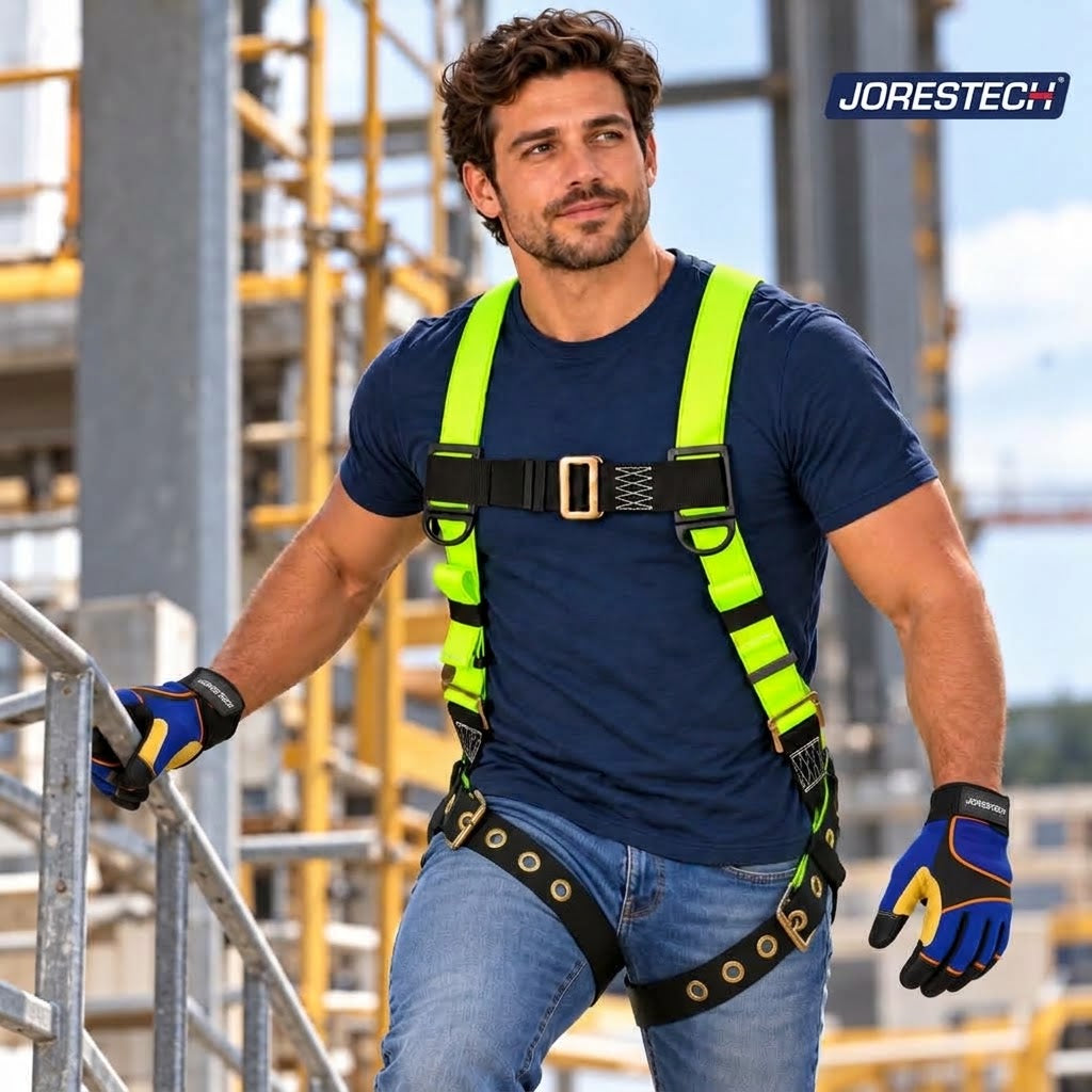 Jorestech S-HARN-02 high-visibility lime-yellow industrial safety harness with a pass-through chest buckle and grommeted tongue buckle leg straps, shown on a male construction worker standing on an elevated outdoor catwalk wearing blue protective gloves.
