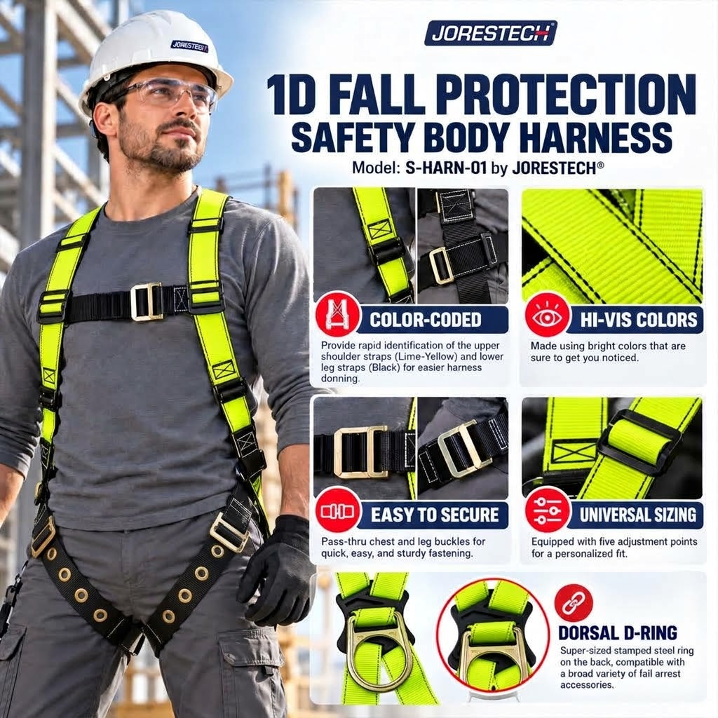  Jorestech S-HARN-02 1D fall protection safety body harness features infographic showing a male worker wearing the high-visibility lime-yellow straps with grommeted black leg straps, detailing features like color-coded webbing, easy-to-secure pass-through chest buckles, universal sizing adjustment points, and a stamped steel dorsal D-ring.