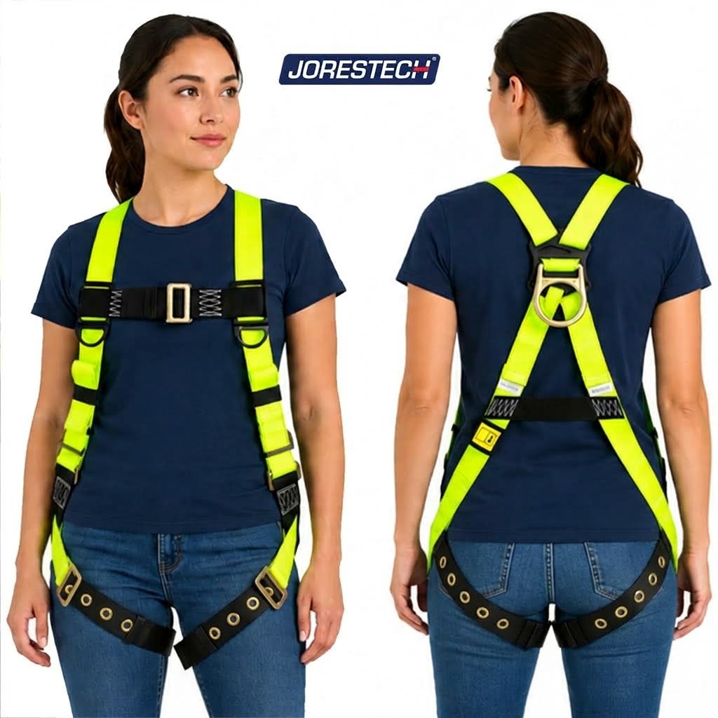 Jorestech S-HARN-02 high-visibility lime-yellow industrial safety harness with a pass-through chest buckle, grommeted tongue buckle leg straps, and a stamped steel dorsal D-ring, shown in front and back views on a female model.