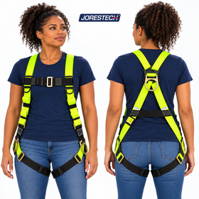  Jorestech S-HARN-03 high-visibility lime-yellow industrial safety harness with one rear D-ring, passing pass-through chest buckle, and adjustable leg straps, shown in front and back views on a female model.