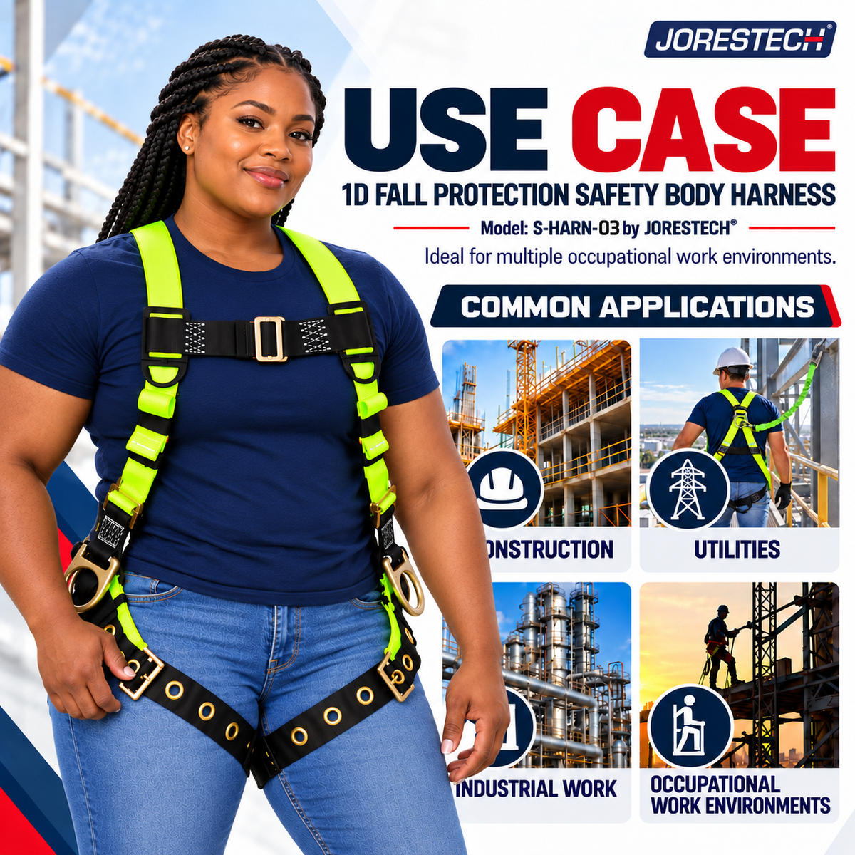 Jorestech S-HARN-04 1D fall protection safety body harness use case infographic showing common applications including construction, utilities, industrial work, and occupational environments, featuring a female model wearing the high-visibility lime-yellow harness with grommeted leg straps.

