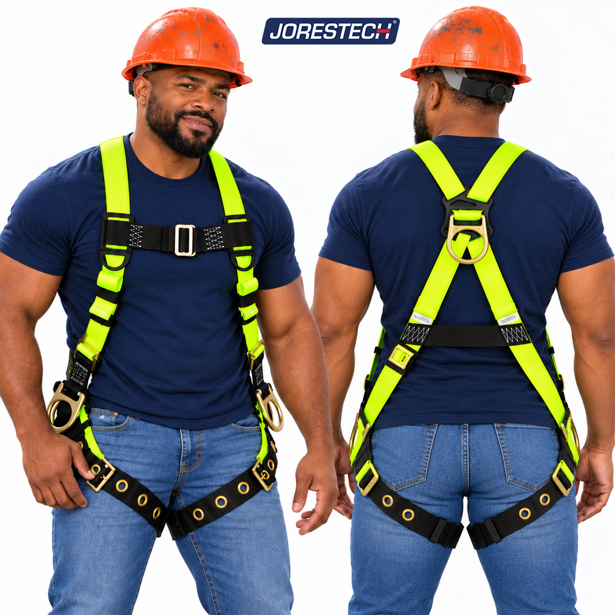 Jorestech S-HARN-04 high-visibility lime-yellow industrial safety harness with side work positioning D-rings, grommeted tongue buckle leg straps, and a stamped steel dorsal D-ring, shown in front and back views on a male model wearing an orange hard hat.
