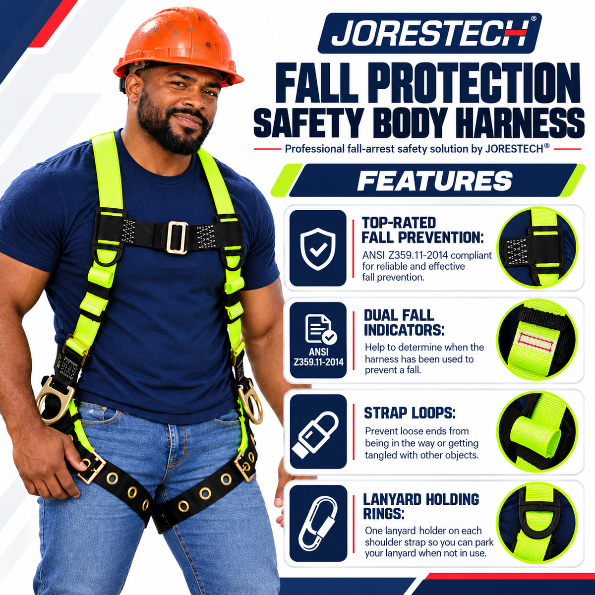 Jorestech S-HARN-04 fall protection safety body harness features infographic showing a male worker wearing the high-visibility lime-yellow webbing and orange hard hat, detailing key safety features: ANSI Z359.11-2014 compliant top-rated fall prevention, dual fall indicators, strap loops for loose ends, and lanyard holding rings on each shoulder strap.
