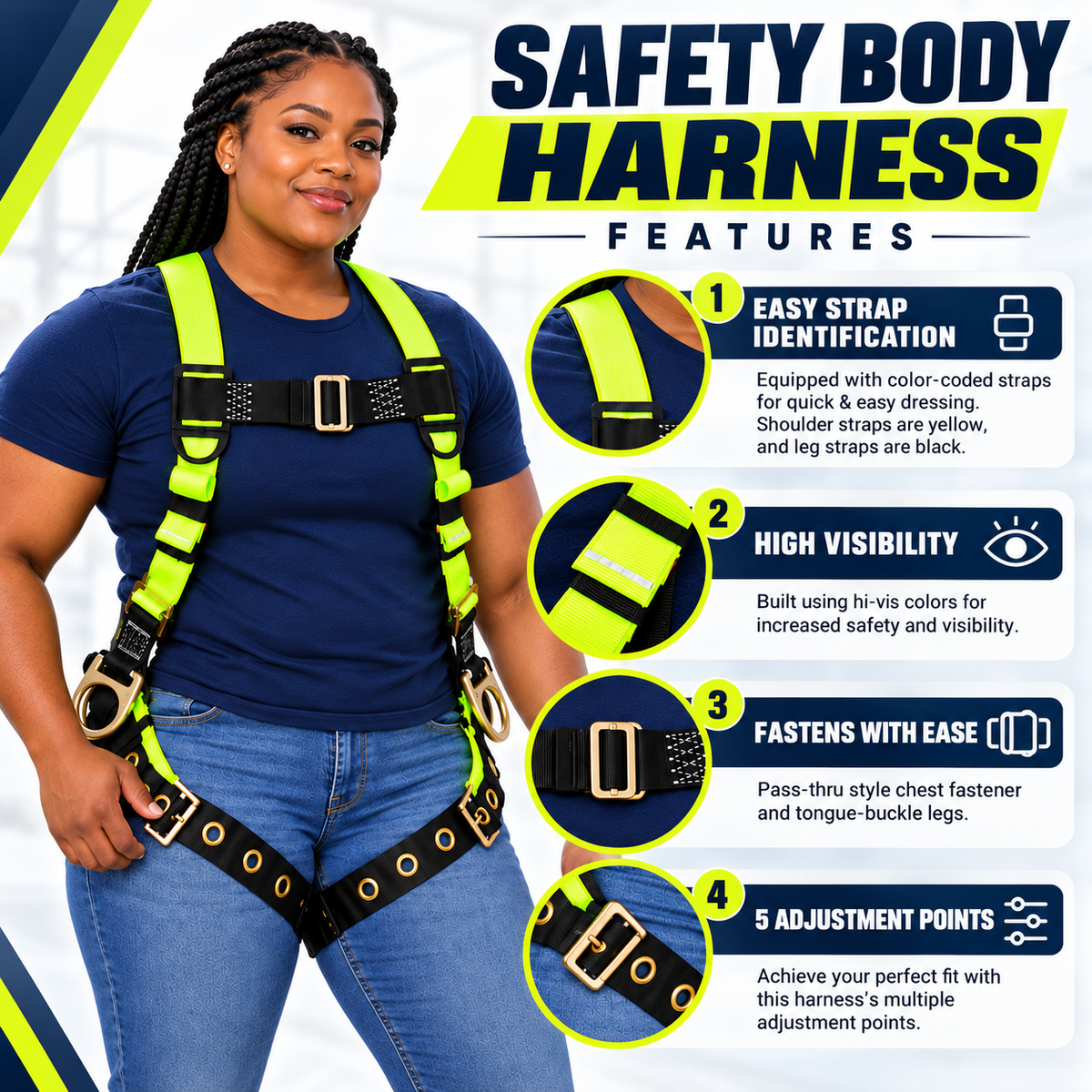 Jorestech S-HARN-04 safety body harness features infographic showing a female model wearing the high-visibility lime-yellow webbing, detailing key features: color-coded straps for easy identification, high visibility colors, pass-through style chest fastener with tongue-buckle legs, and five adjustment points.