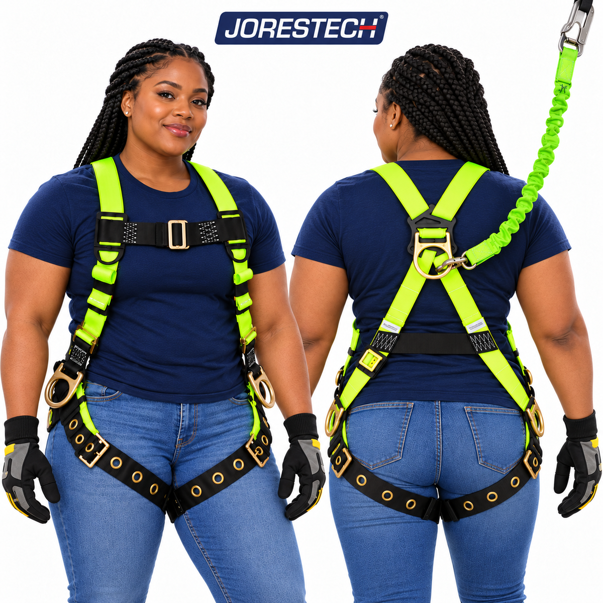 Jorestech S-HARN-04 high-visibility lime-yellow and black industrial safety harness featuring side positioning D-rings, grommeted tongue buckle leg straps, and an attached elastic shock-absorbing lanyard, shown in front and back views on a female model.