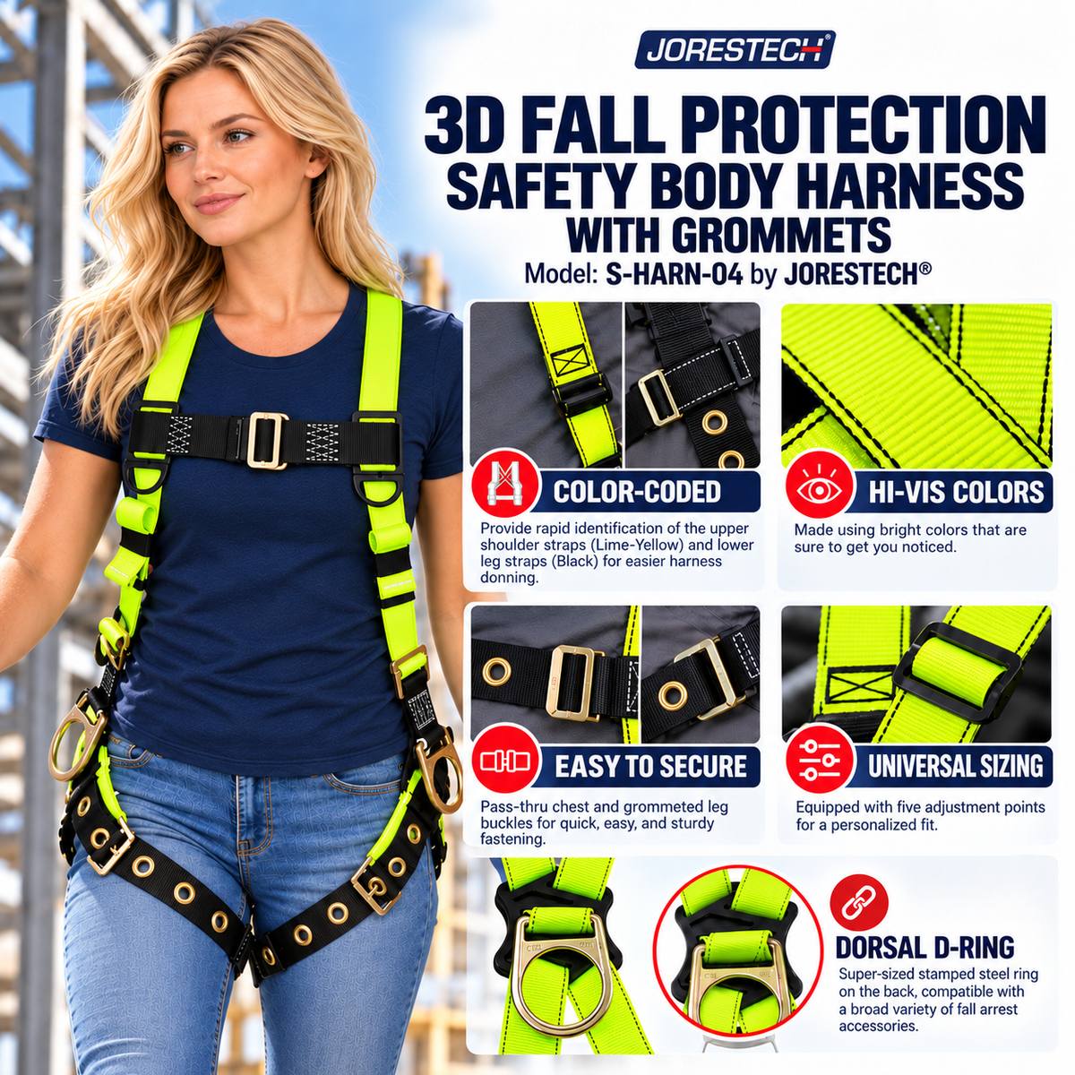 Jorestech S-HARN-04 3D fall protection safety body harness features infographic showing a female model wearing the high-visibility lime-yellow straps with grommeted black leg straps, detailing features like color-coded webbing, hi-vis colors, easy to secure pass-through chest buckles, universal sizing, and a super-sized stamped steel dorsal D-ring.