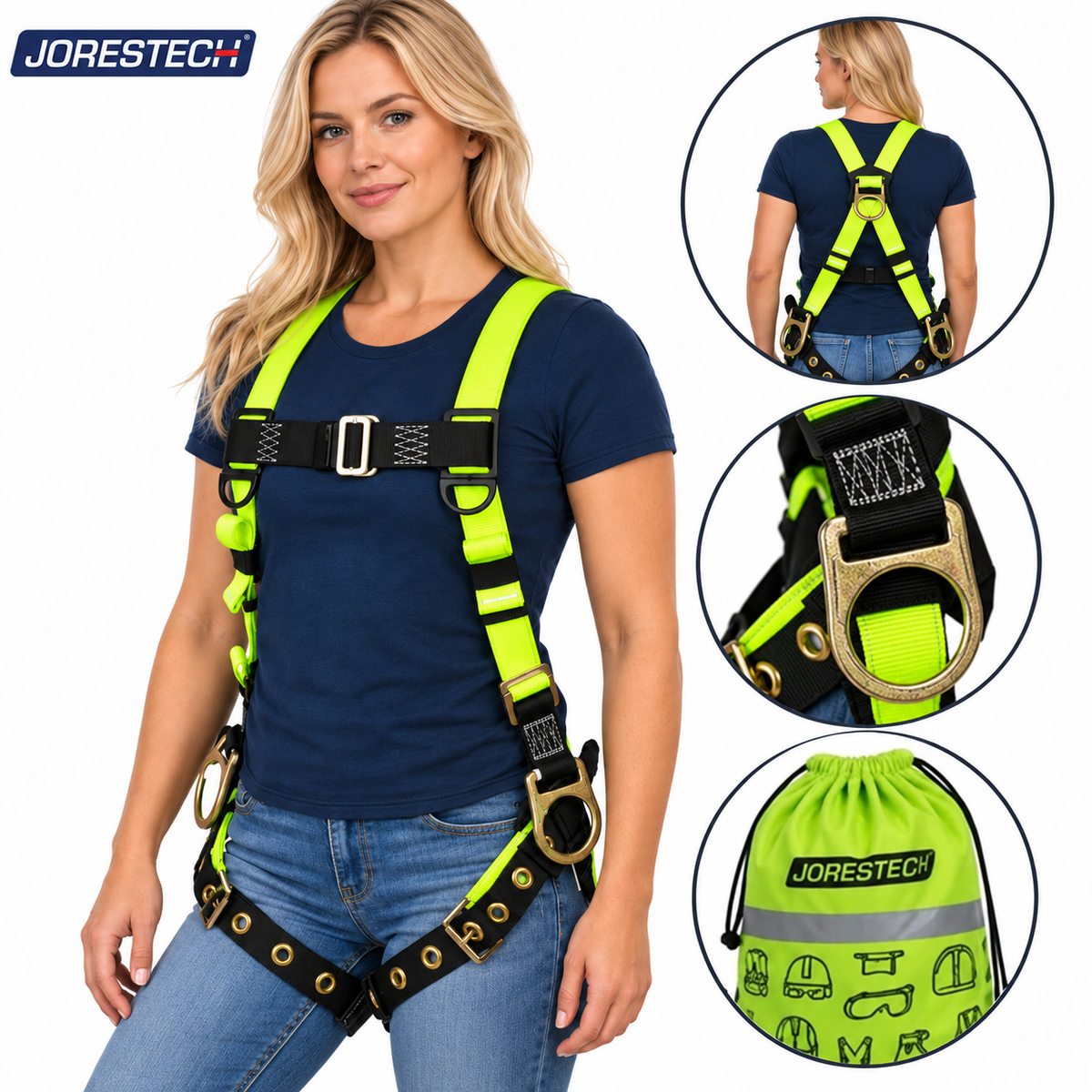 Jorestech S-HARN-04 high-visibility lime-yellow full body safety harness kit shown on a female model, with circular inset close-up diagrams detailing the back X-strap layout, side positioning D-ring hardware, and branded hi-vis green drawstring storage bag with safety equipment icons.
