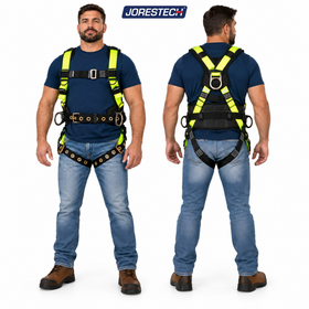 Jorestech S-HARN-05 high-visibility lime-yellow and black industrial safety harness featuring an integrated padded waist support belt, side positioning D-rings, grommeted tongue buckle leg straps, and a rear dorsal D-ring, shown in front and back views on a male model.