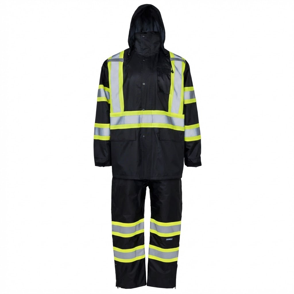 Two Tone High Vis Safety Rain Jacket And Pants Set With X On The Back