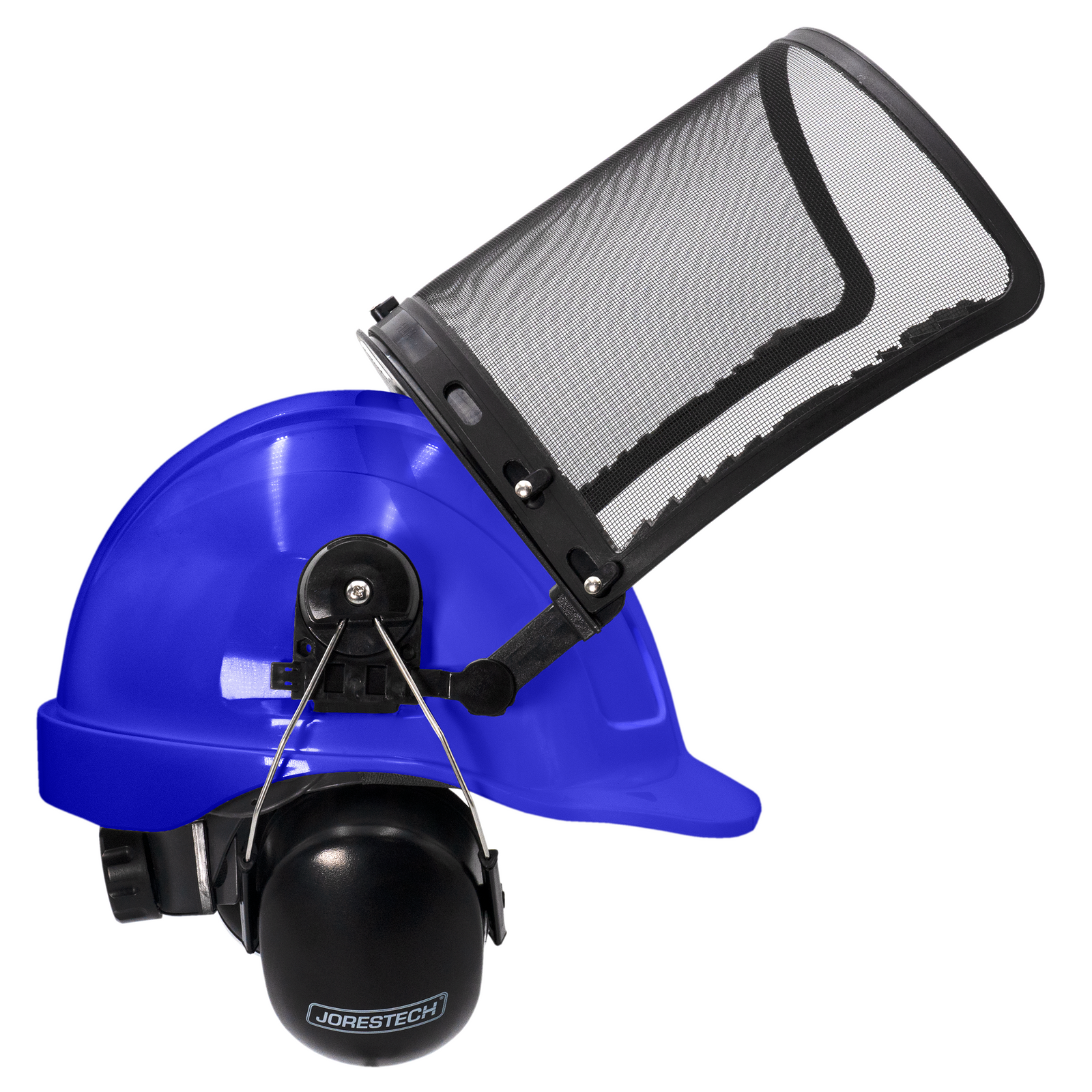 Blue safety cap style hard hat kit with iron mesh face shield and earmuffs for hearing protection
