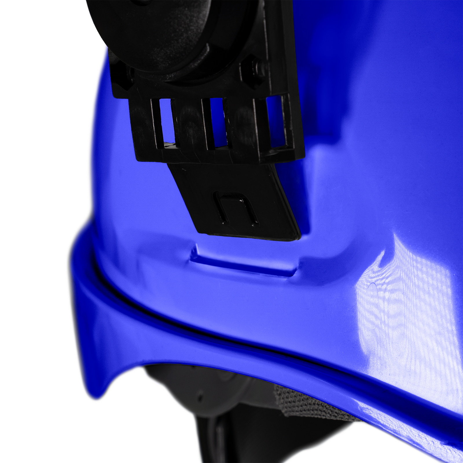 Close-up of a blue hard hat with universal slots to mount earmuffs, face shields and accessories