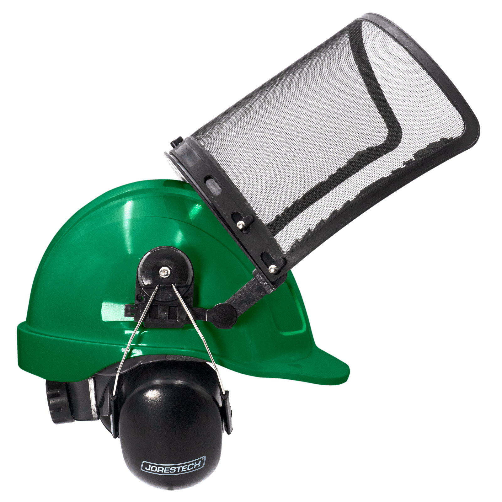 Green safety cap style hard hat kit with iron mesh face shield and earmuffs for hearing protection