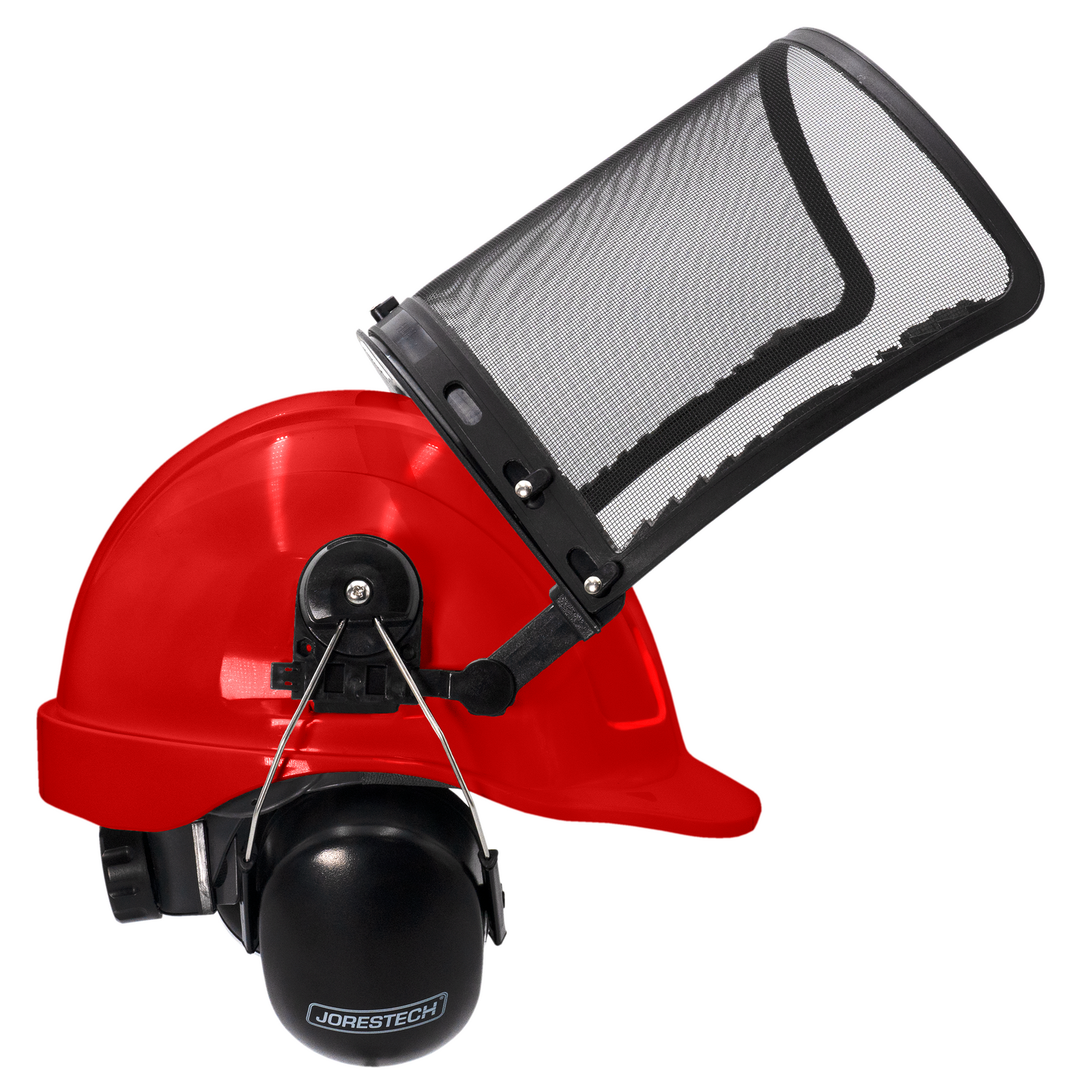 Red safety cap style helmet with iron mesh face shield and earmuffs for hearing protection