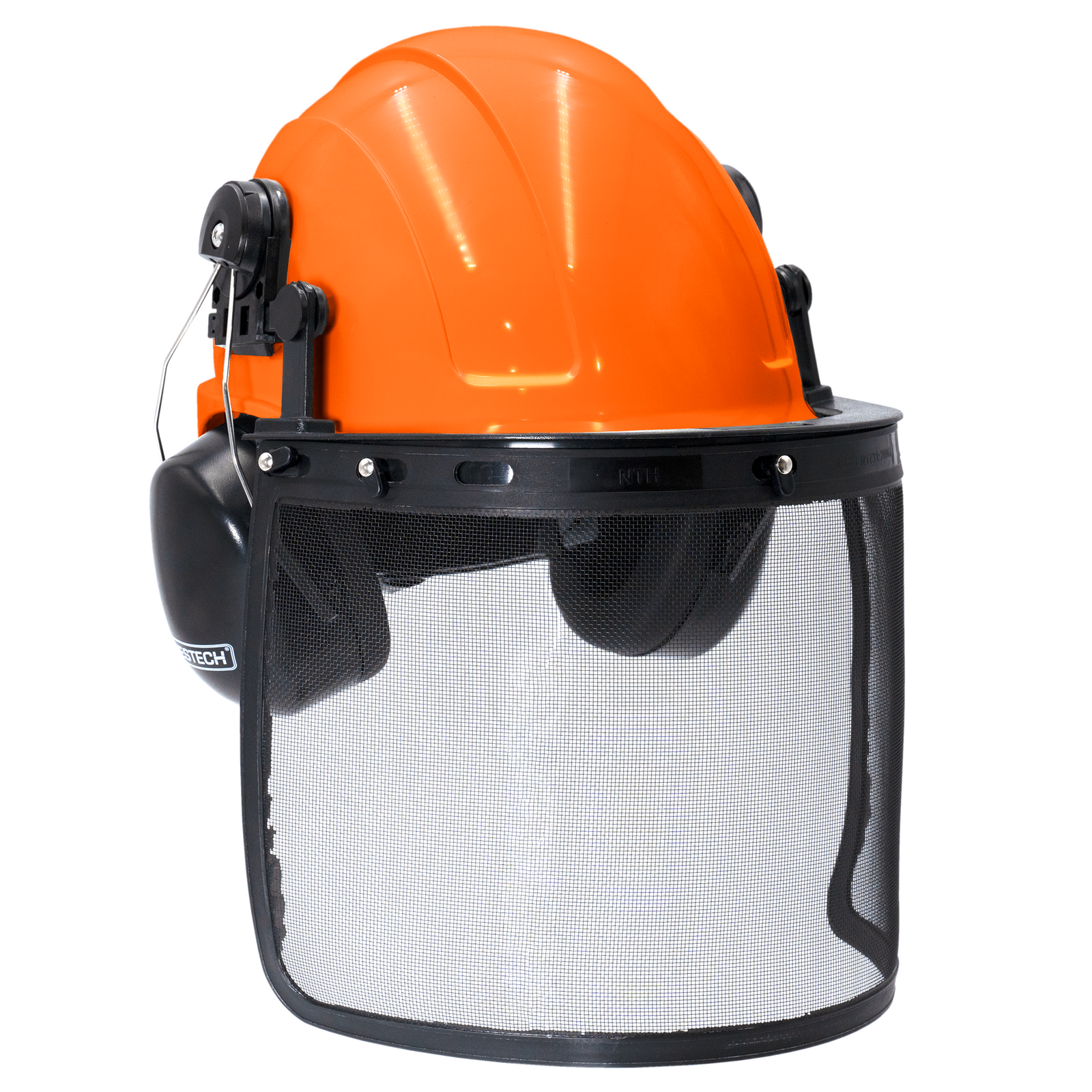Orange safety cap style helmet with iron mesh face shield and earmuffs for hearing protection