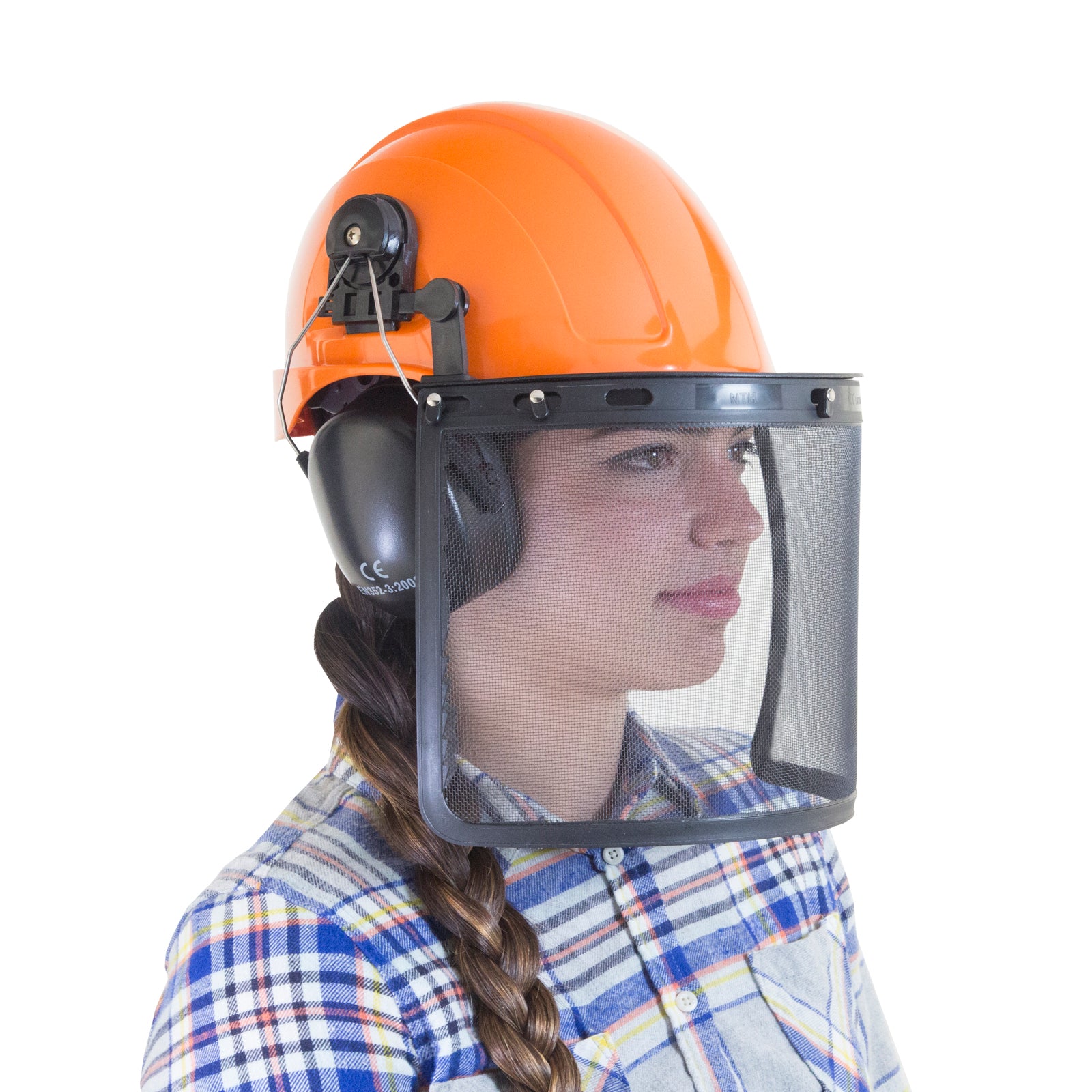 a woman wearing an orange cap style safety hard hat with black ear muffs and a face mesh shield in front of her face