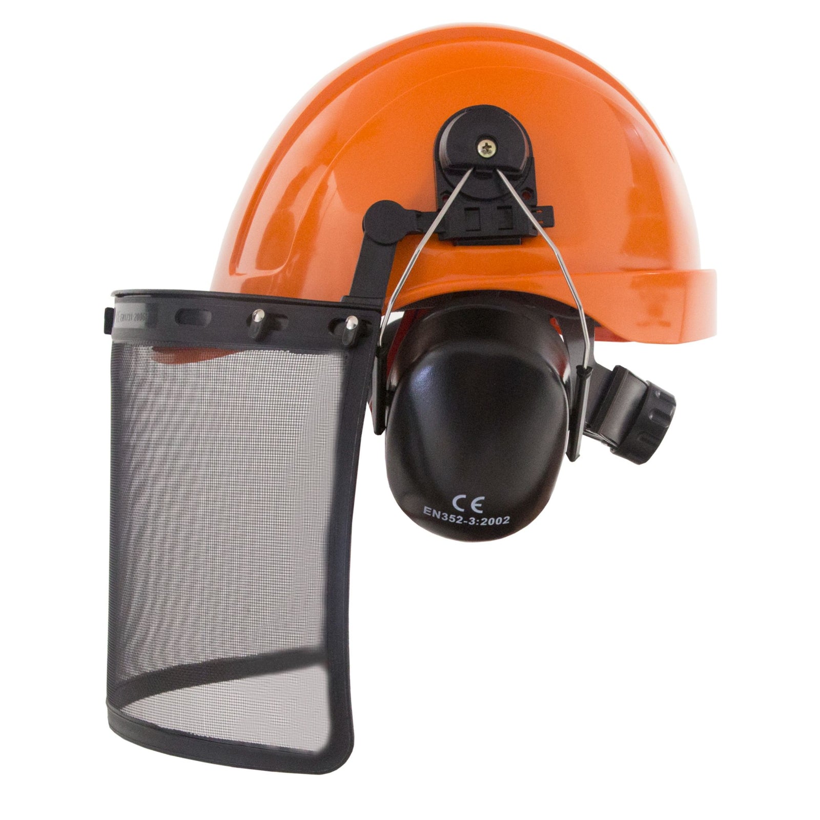 Orange safety cap style hard hat kit with iron mesh face shield and earmuffs for hearing protection