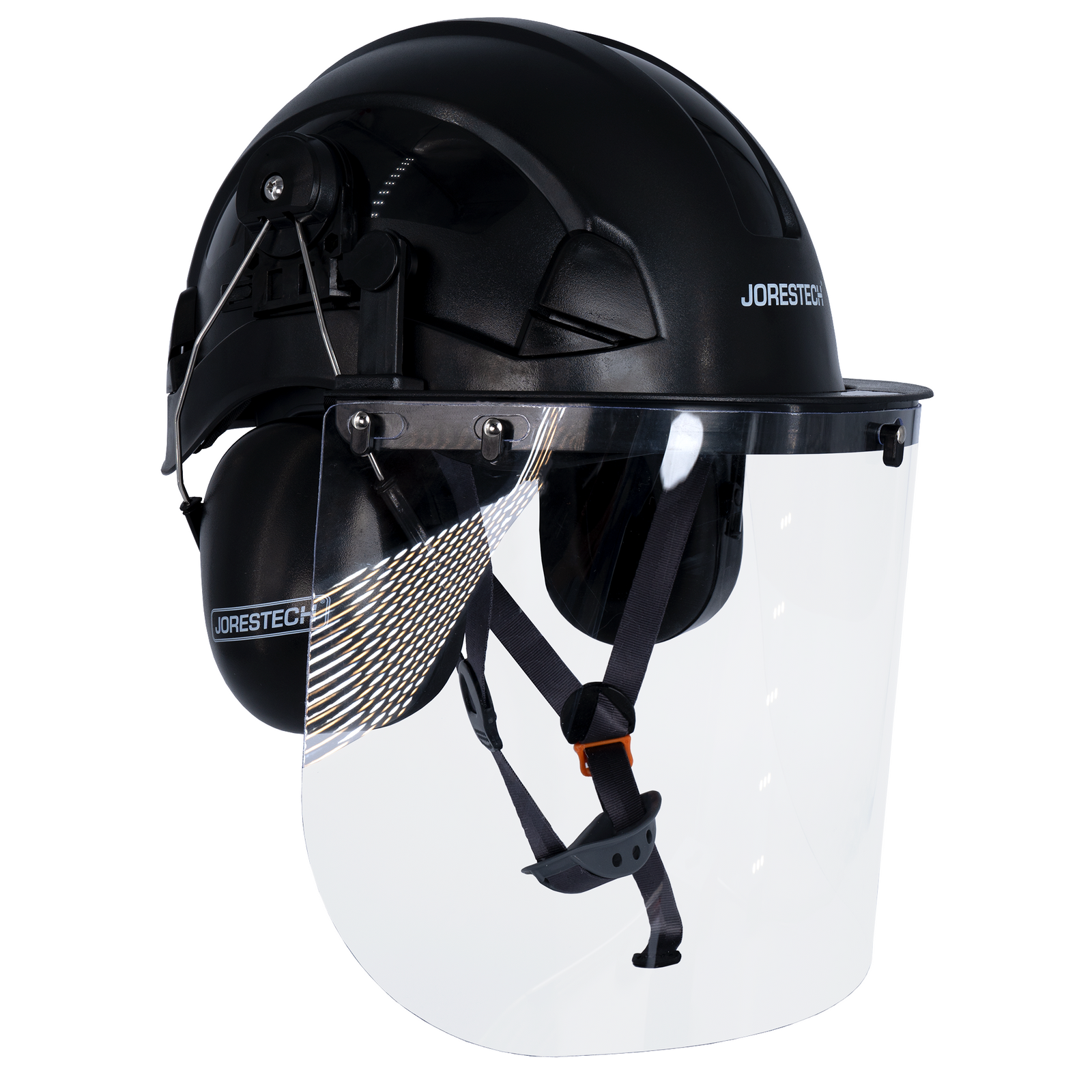 Side view of the Jorestech black 3-in-1 helmet system with mountable face shield and earmuffs