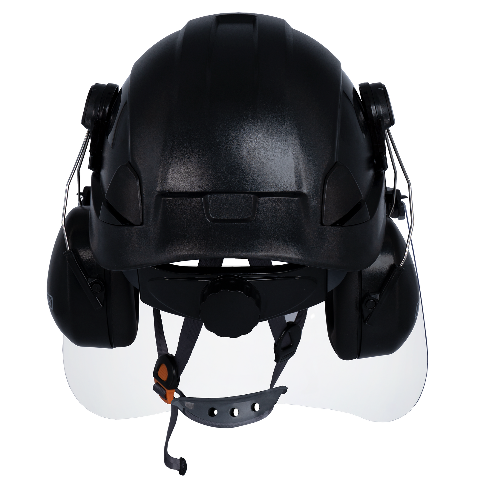 Black 3-in-1 helmet system with mountable face shield and earmuffs
