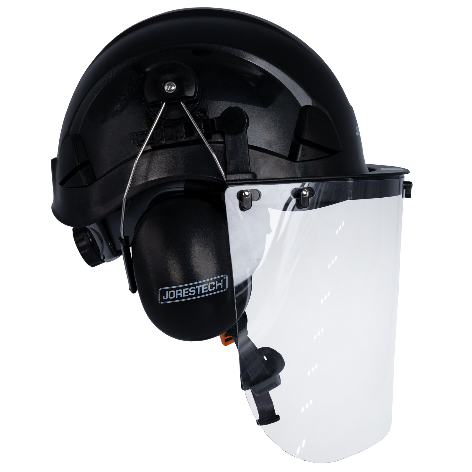 Side view of the Jorestech black 3-in-1 helmet system with mountable face shield and earmuffs
