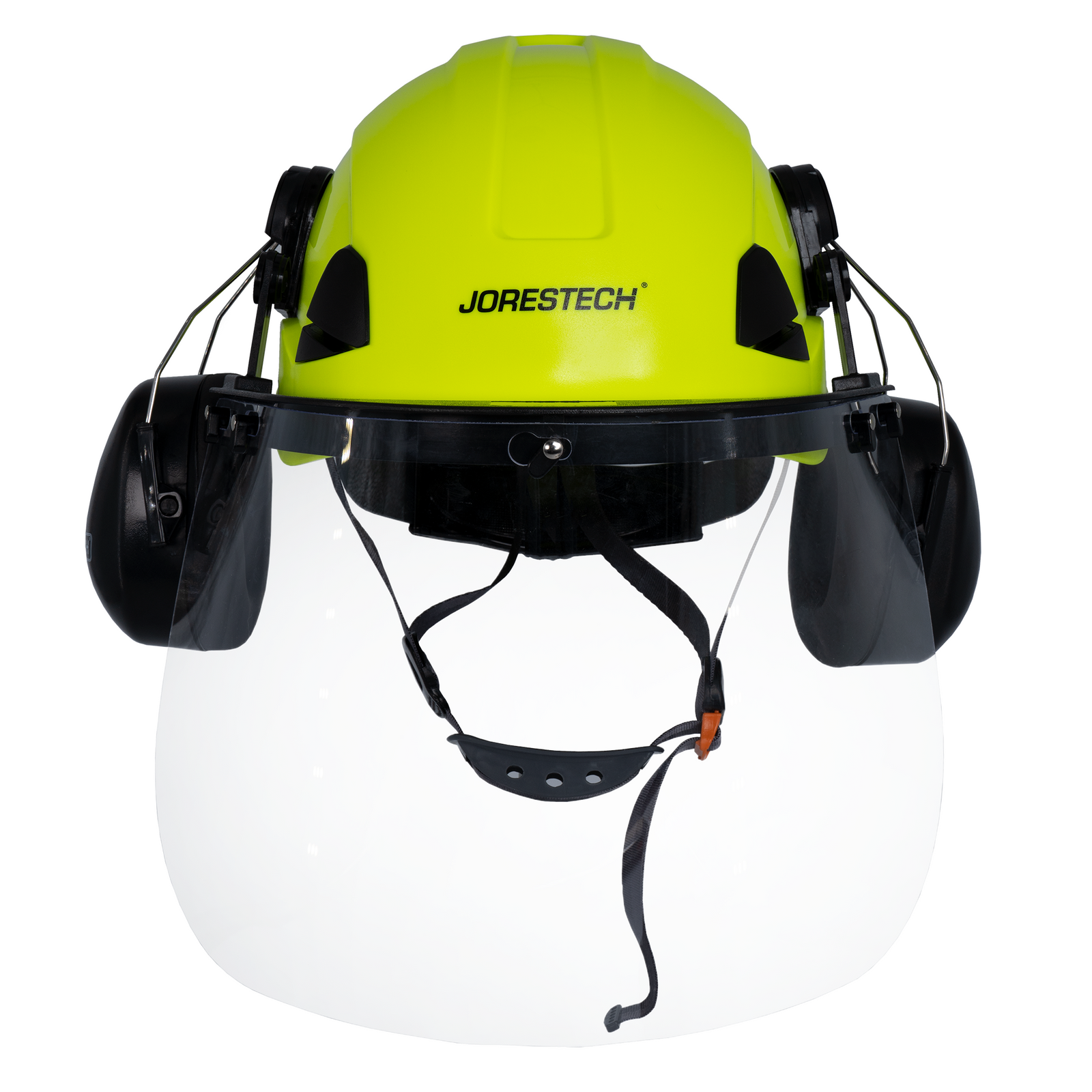 Front view of the Jorestech orange 3-in-1 helmet system with mountable face shield and earmuffs