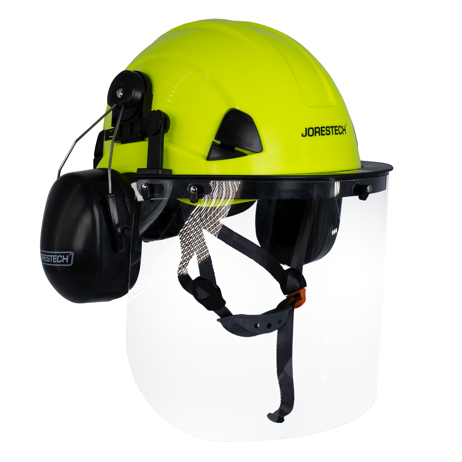 Side view of the Jorestech lime 3-in-1 helmet system with mountable face shield and earmuffs