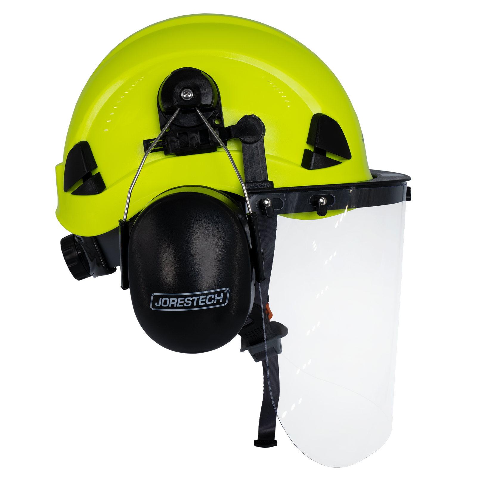 Side view of the Jorestech lime 3-in-1 helmet system with mountable face shield and earmuffs