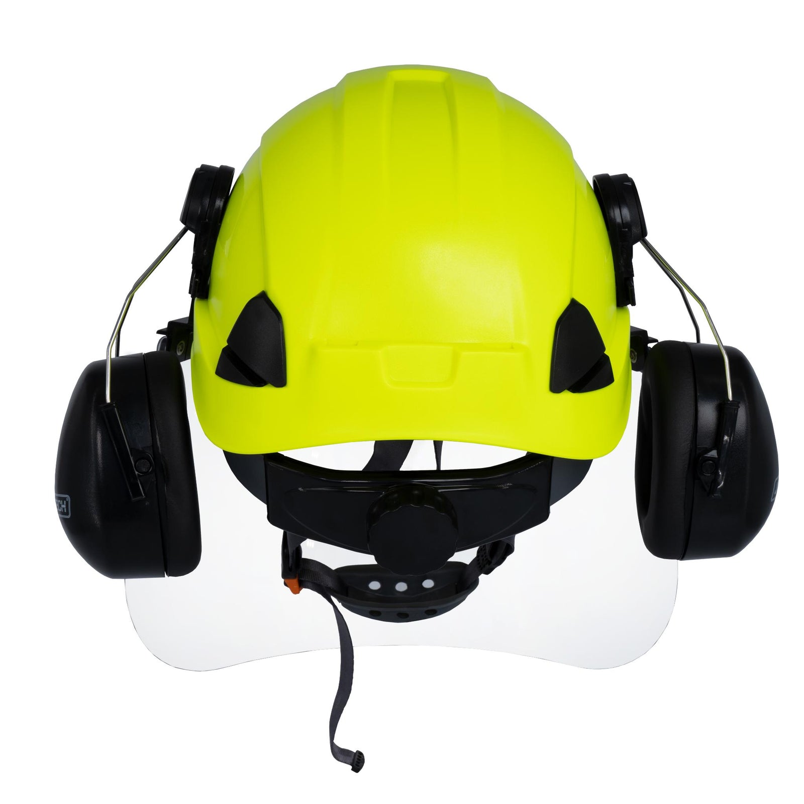 Back view of the JORESTECH orange 3-in-1 helmet system with mountable face shield and earmuffs
