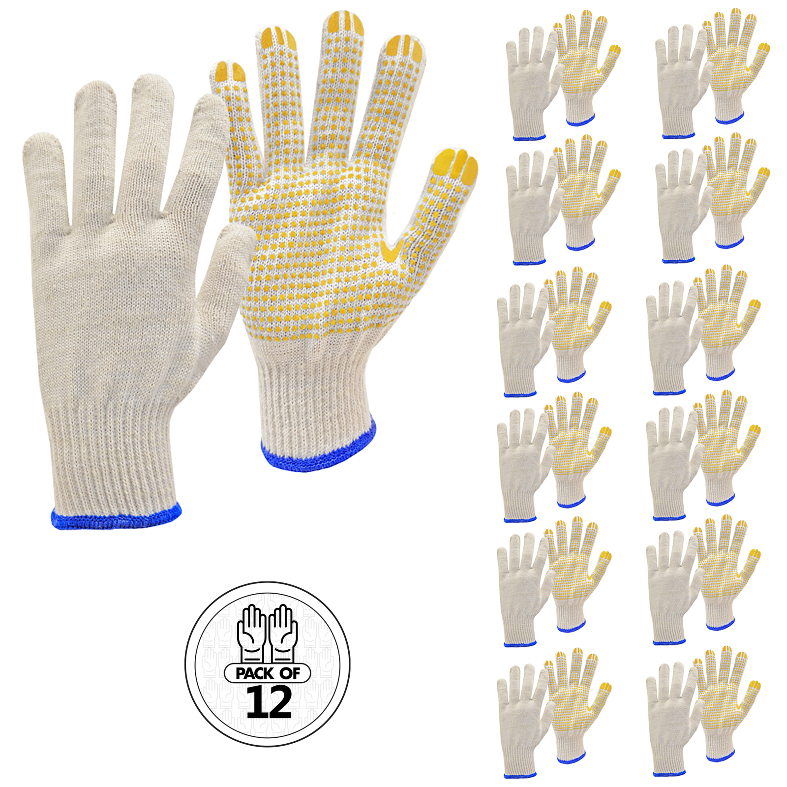 Safety Knitted Multi-Purpose Gloves with Anti-Slip PVC Dotted Palms – Pack of 12