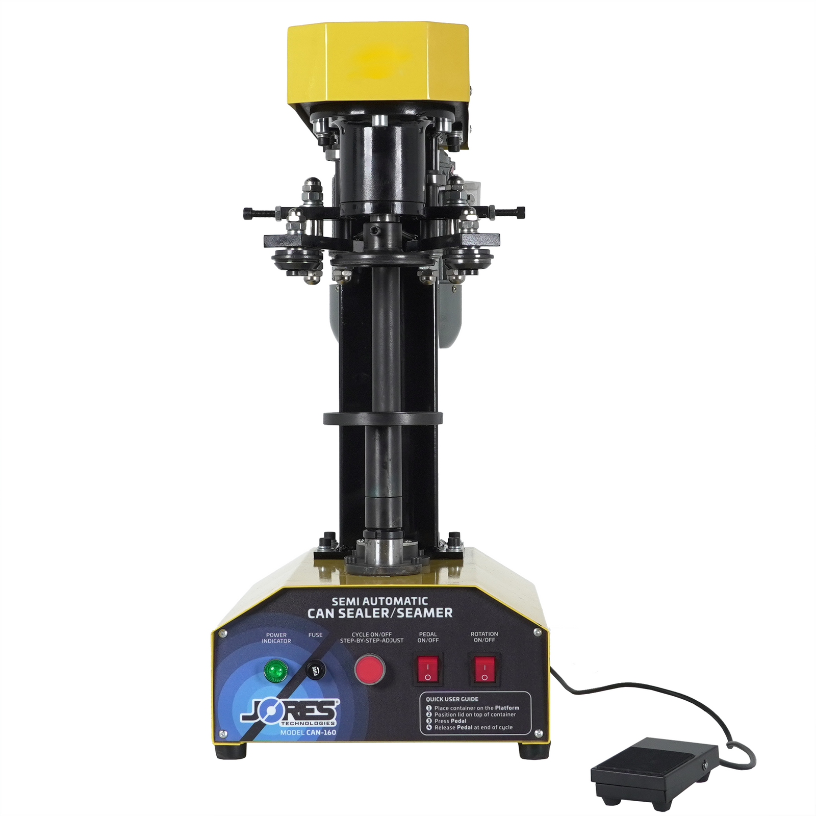 Semiautomatic can seamer/sealer with hand pedal activator