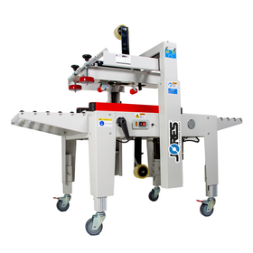 Semi-automatic case sealer machine for small and medium boxes with red side traction bars and JORES TECHNOLOGIES® logo