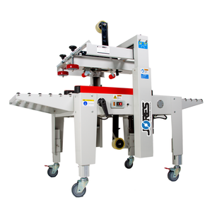 Semi-automatic case sealer machine for small and medium boxes with red side traction bars and JORES TECHNOLOGIES® logo