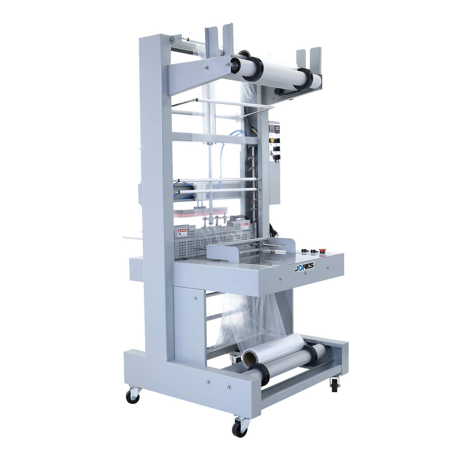 the semi-automatic JORES TECHNOLOGIES® sleeve shrink film sealer with the clear shrink roll positioned in the machine.