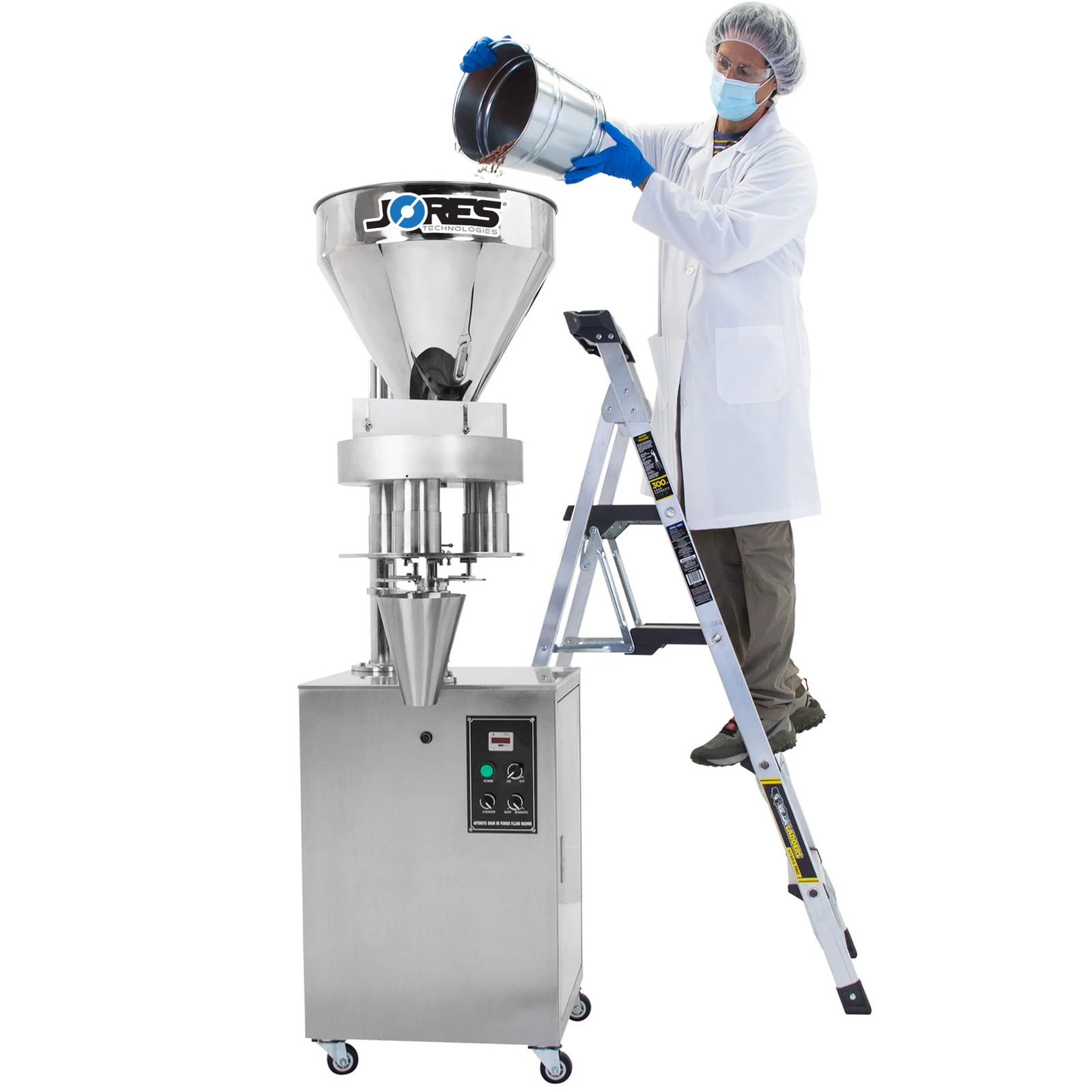 Worker standing on a ladder and dispensing a bucket full of beans into the stainless steel hopper of the JORES TECHNOLOGIES® semi automatic volumetric filler of 1000ml