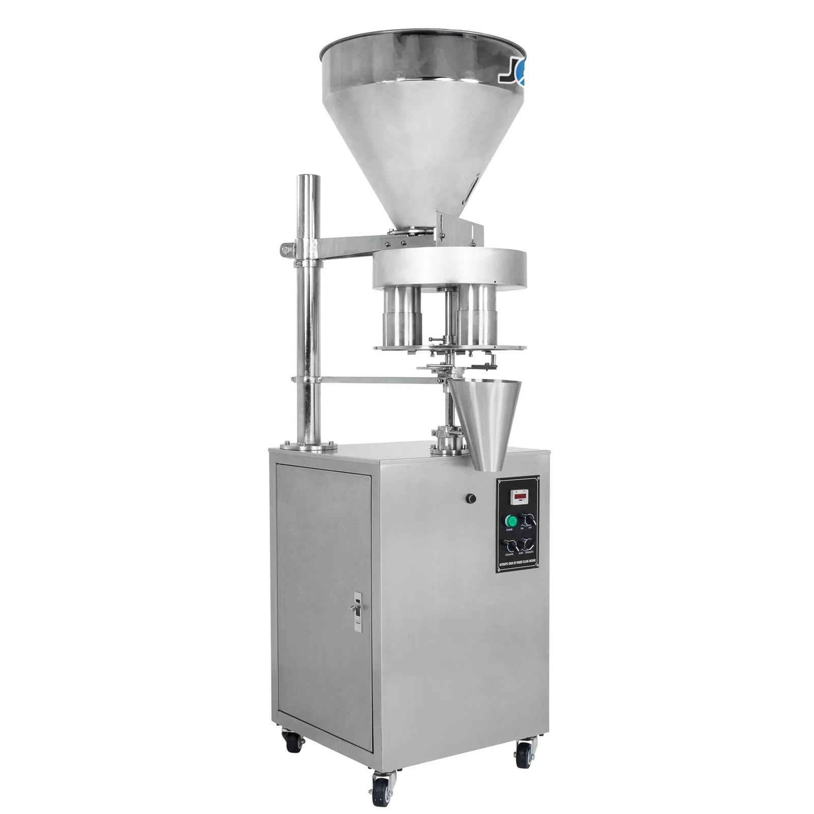 The stainless steel JORES TECHNOLOGIES® semi automatic volumetric filler for free-flowing granular products in a diagonal view over