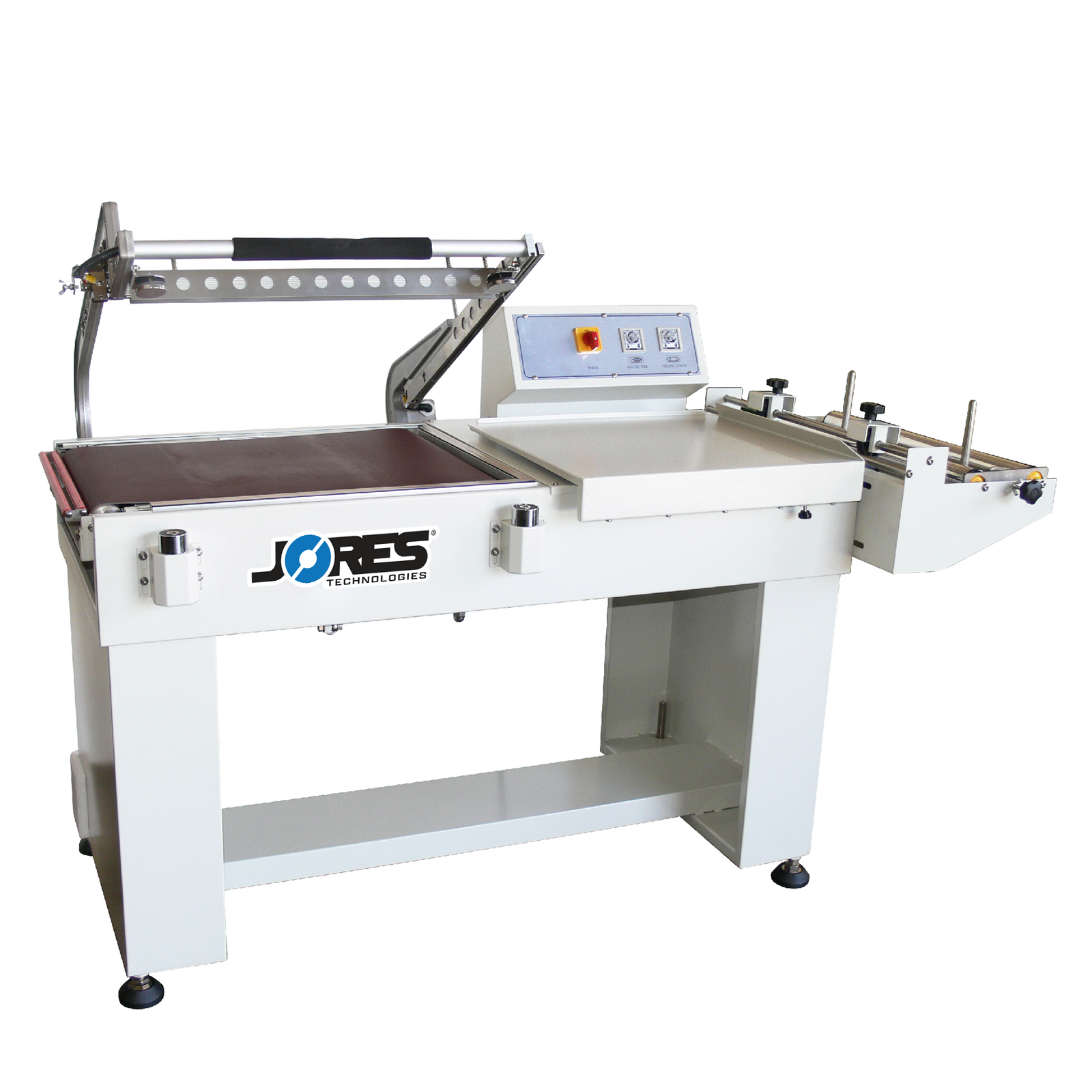 JORES TECHNOLOGIES® semi-automatic shrink film L bar heat sealer with conveyor for shrink packaging