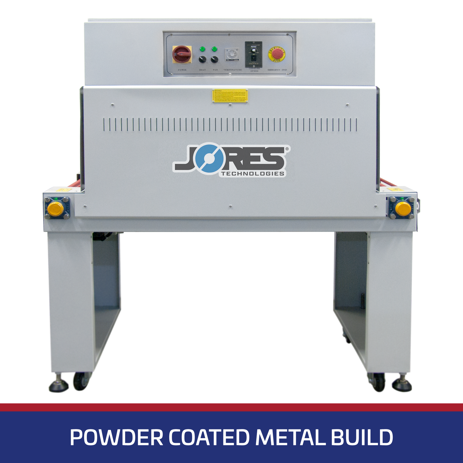JORES TECHNOLOGIES Shrink wrapping heat tunnel machine shown in a frontal view over white background. There’s a white text over blue background that reads “Powder Coated Metal Build”