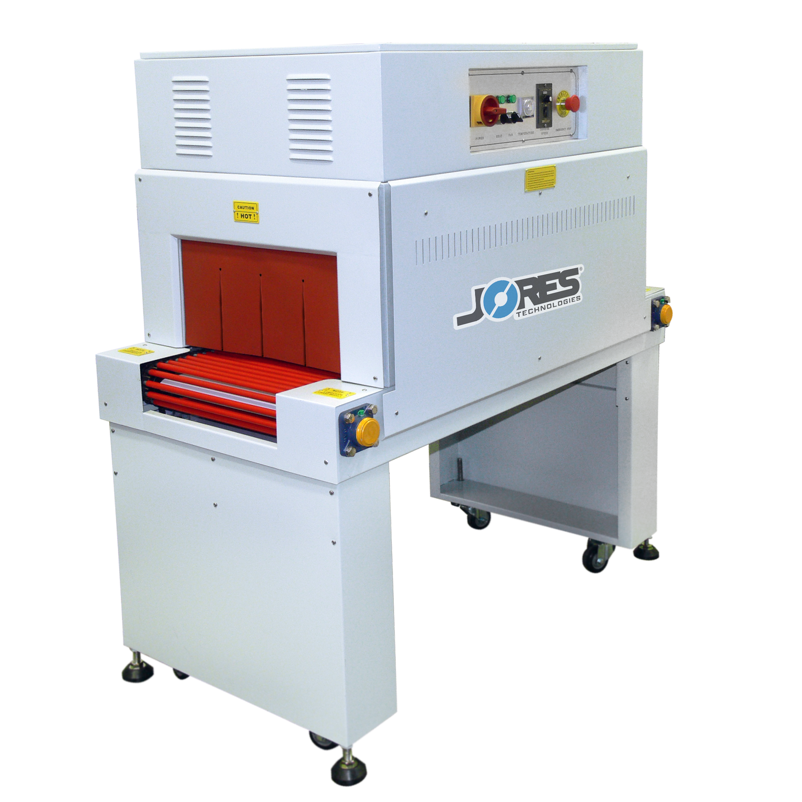 Diagonal view of the JORES TECHnologies Shrink wrapping heat tunnel machine over white background.
