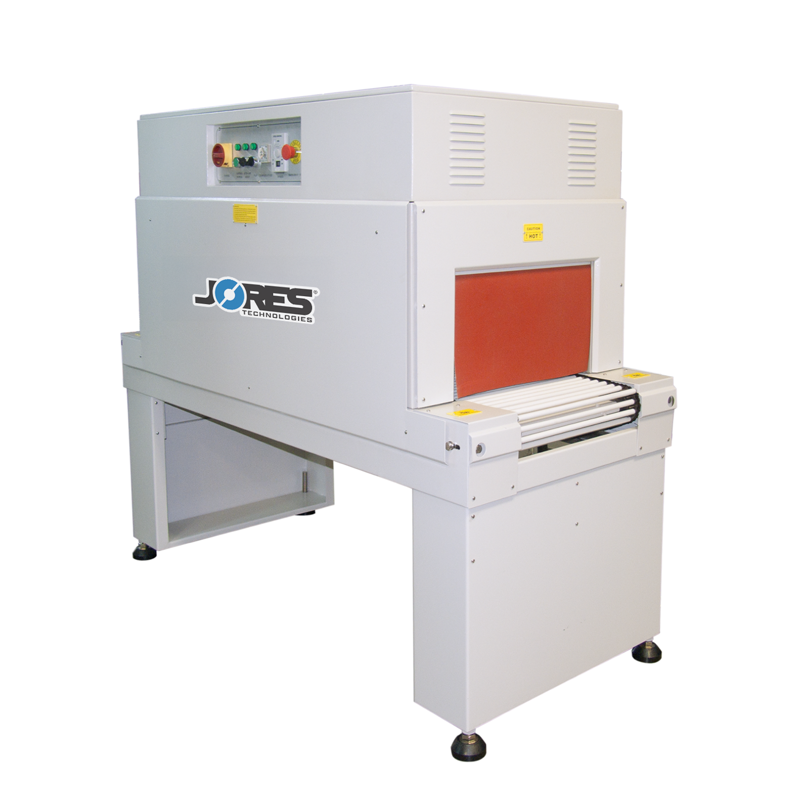 A shrink wrapping heat tunnel machine over white background.