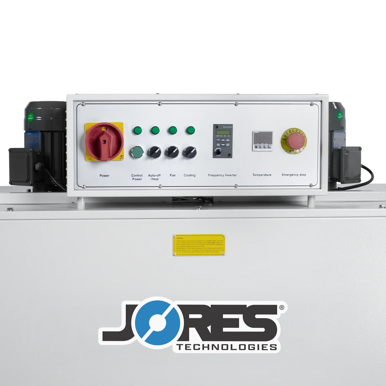 Close-up of the control panel of a heat wrapping shrink tunnel. also shows the 2 motors for the heat fans located on the right and left sides of the control panel. A large JORES TECHNOLOGIES® sticker is also attached to the tunnel structure of the heat shrinking tunnel